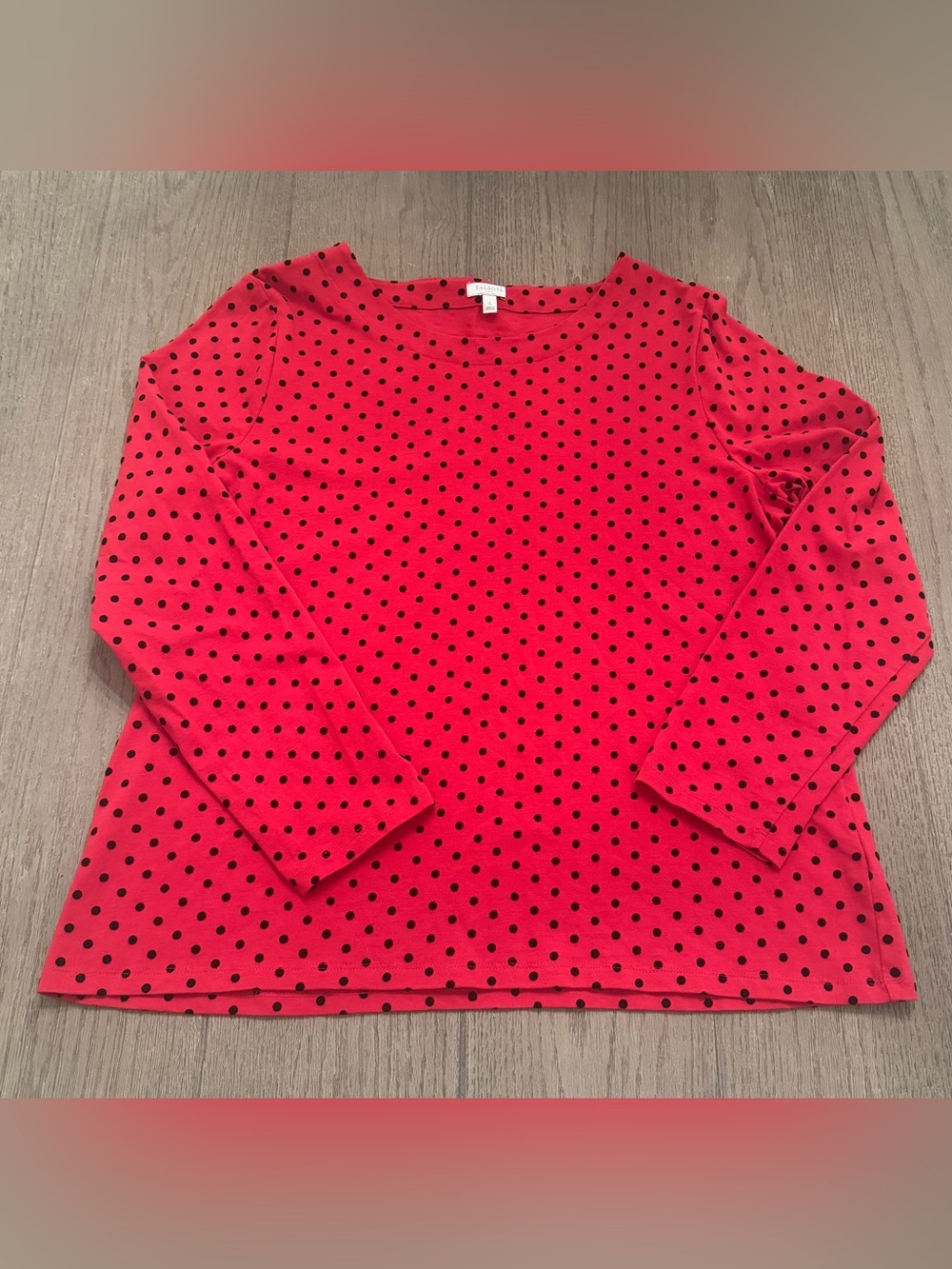 Talbots Long Sleeve Red Crew Neck Top With Black Velvet Polka Dots Size Large